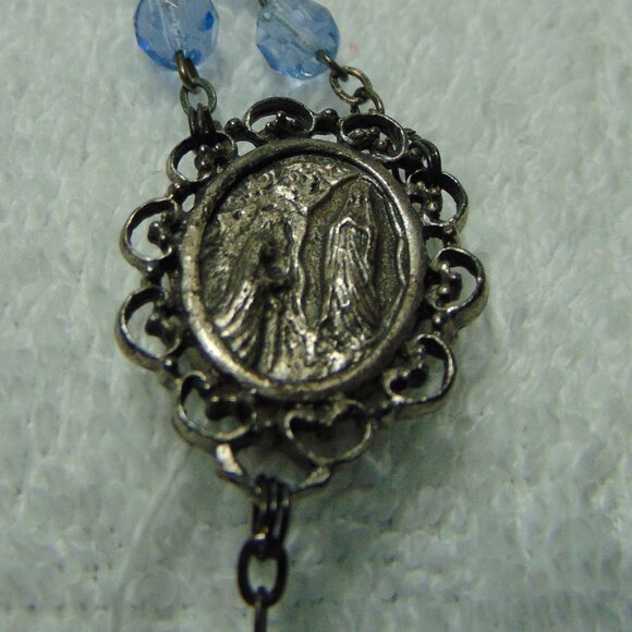 Catholic Rosary with Light Blue Clear Beads and Ornate Cross & Mary Medallion - Picture 4 of 5